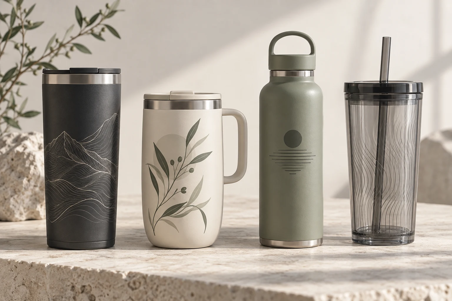 Original concept collection of decorated bottles and tumblers
